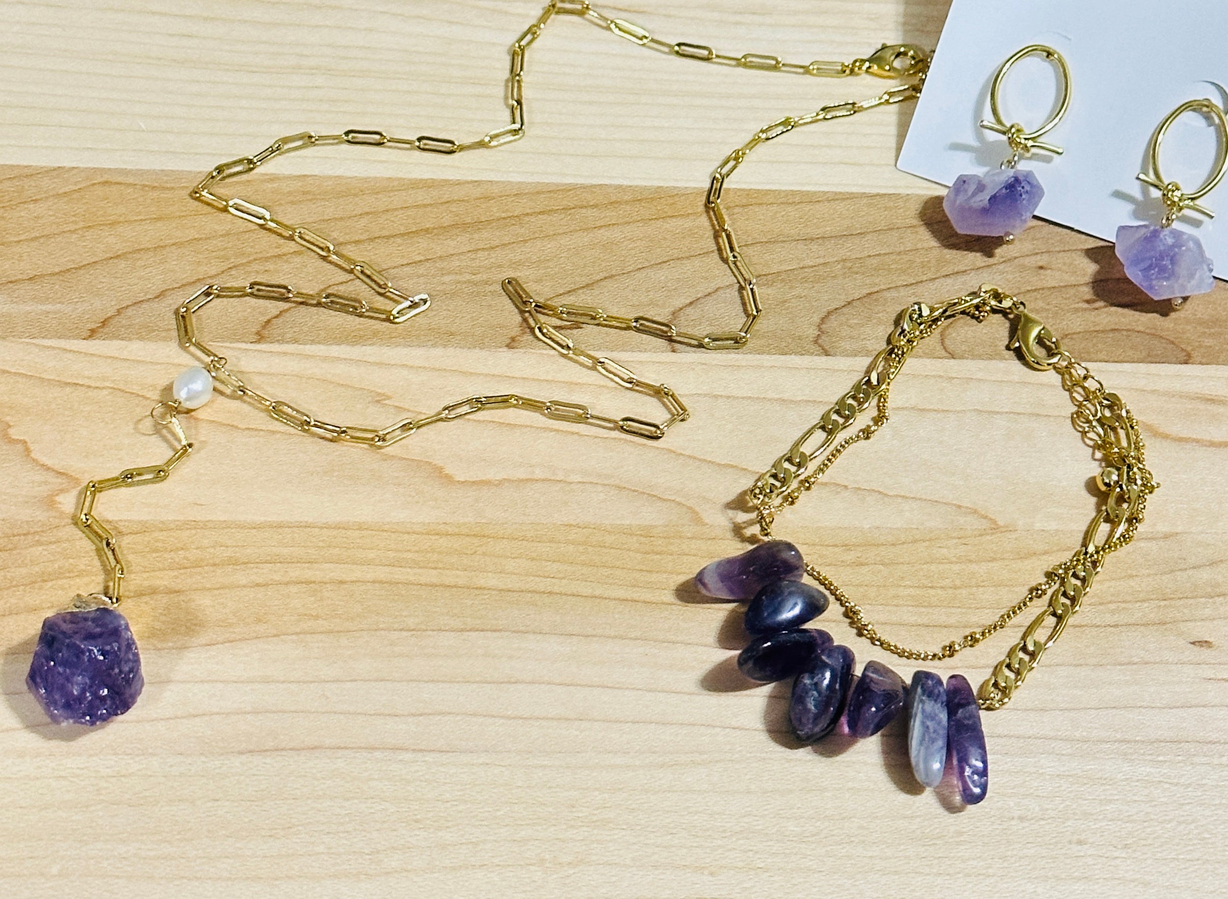 Natural Stone & Pearl Lariat Necklace