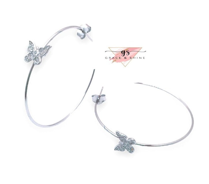 Butterfly Minimalist Sterling Silver Medium Hoops 40mm