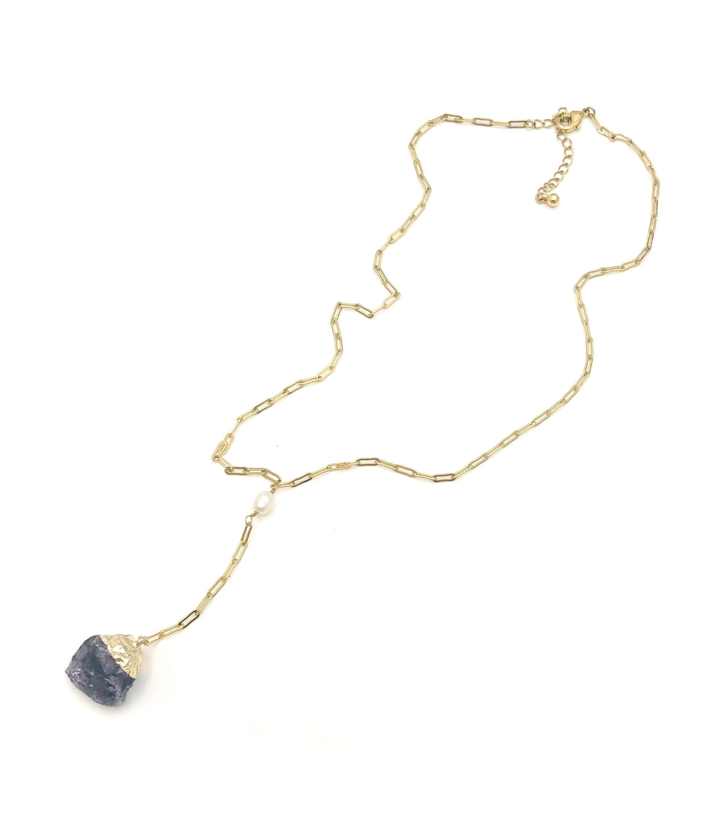 Natural Stone & Pearl Lariat Necklace