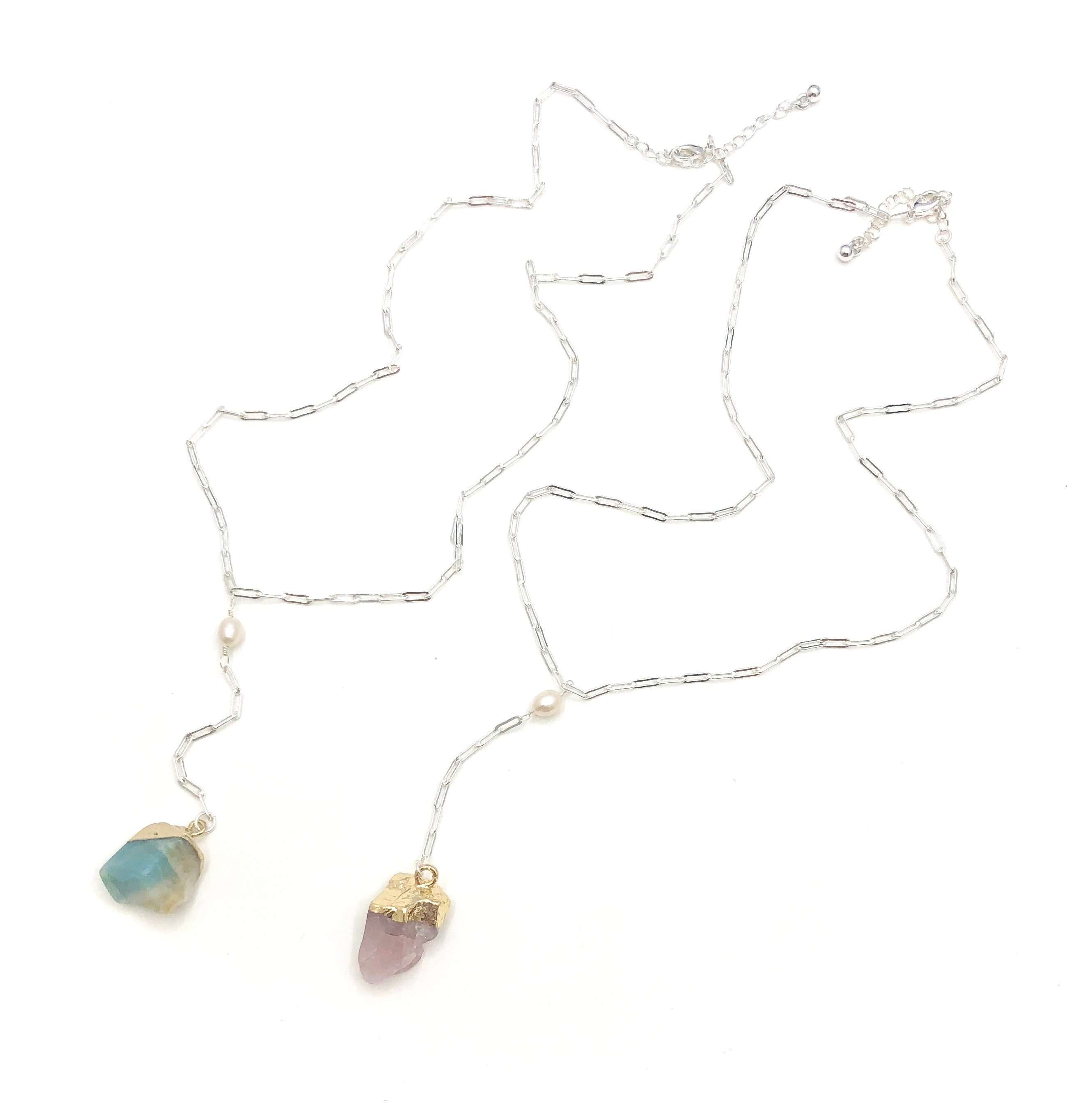 Natural Stone & Pearl Lariat Necklace