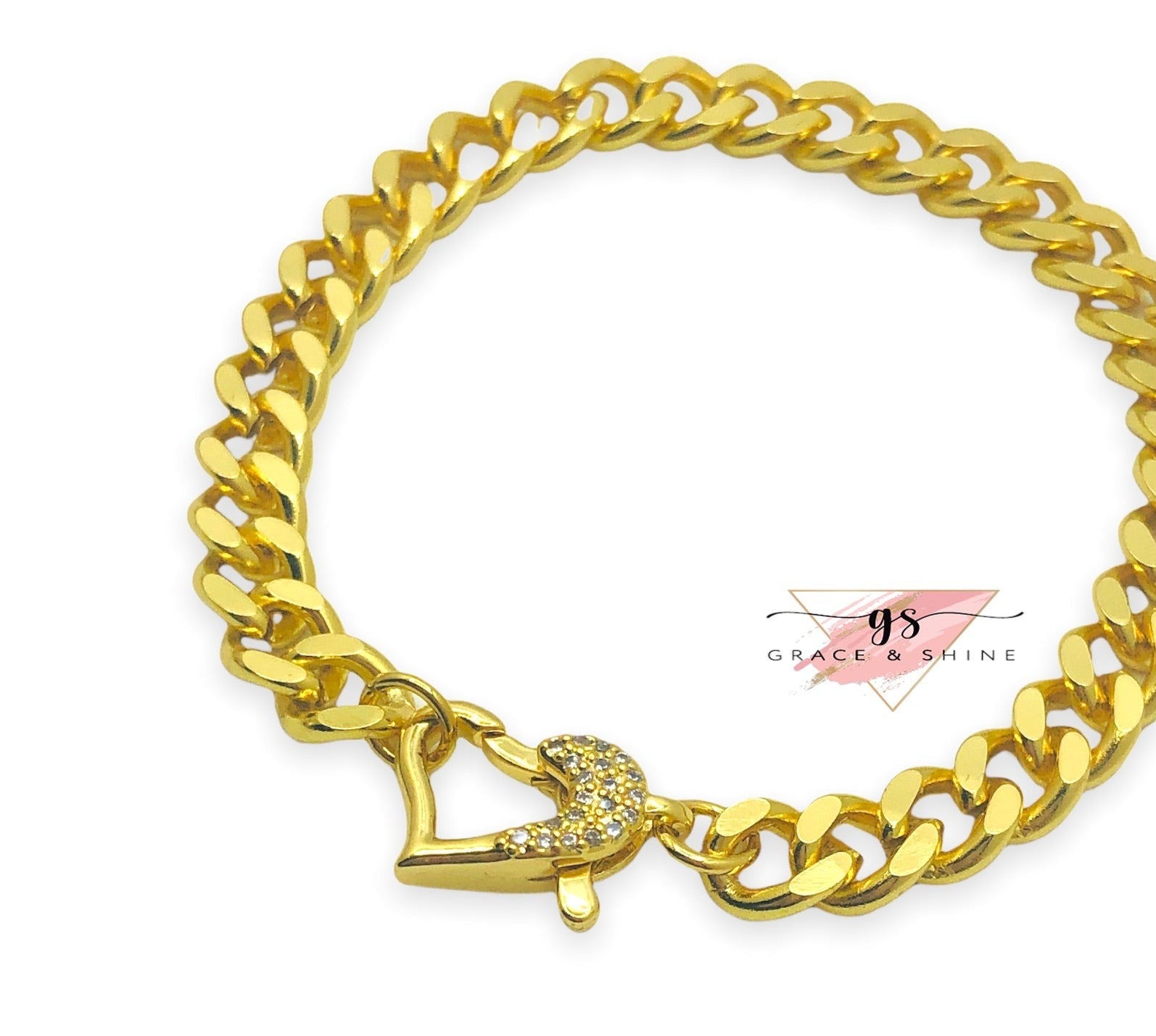 18k Gold Fancy Heart Clasp Cuban Link Chain Bracelet
