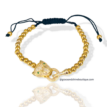 Green Eye Leopard Unisex Bead Bracelet 18k Gold