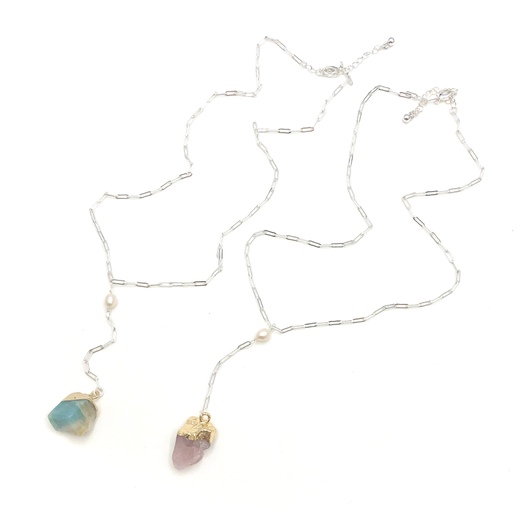 Natural Stone & Pearl Lariat Necklace