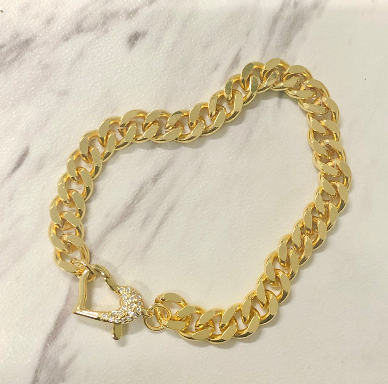 18k Gold Fancy Heart Clasp Cuban Link Chain Bracelet