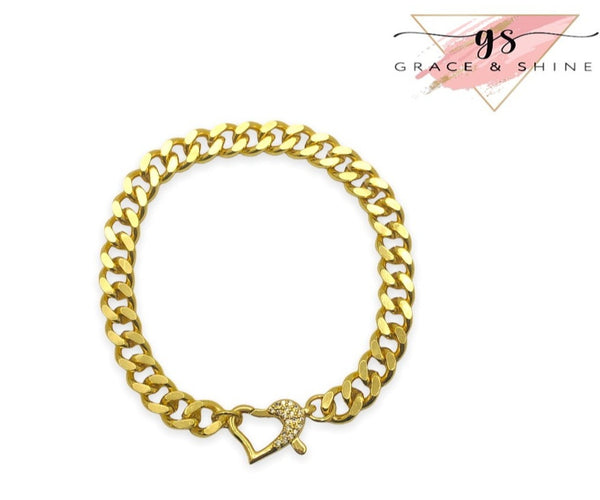 18k Gold Fancy Heart Clasp Cuban Link Chain Bracelet