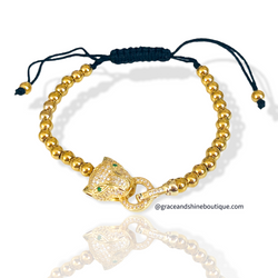 Green Eye Leopard Unisex Bead Bracelet 18k Gold